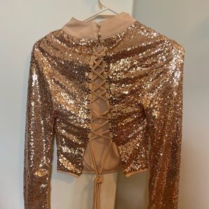 Rose gold sequin long sleeved lace up shirt